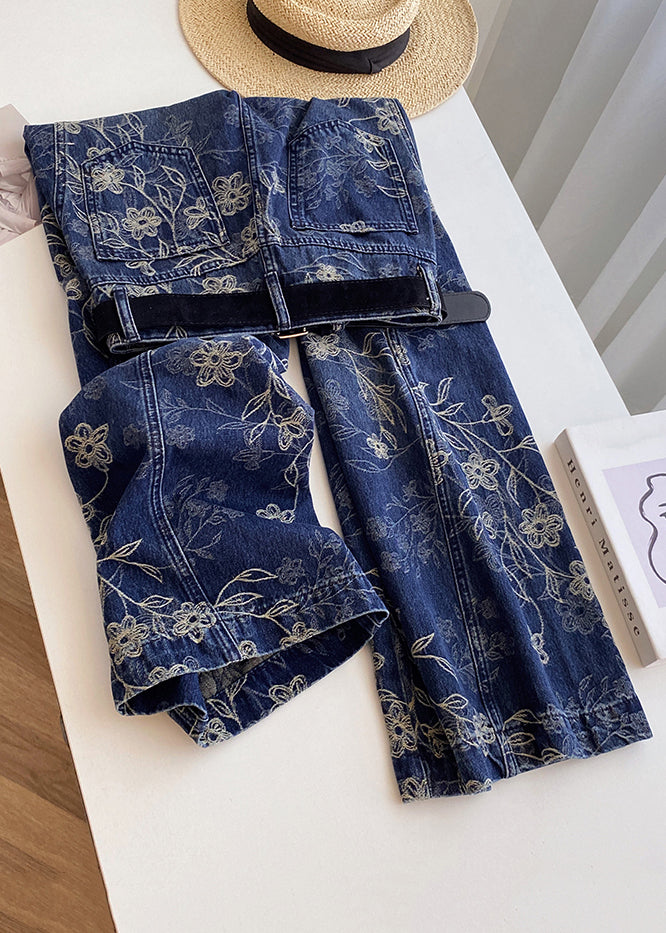 Modern Blue Embroidered Pockets High Waist Denim Pants Fall
