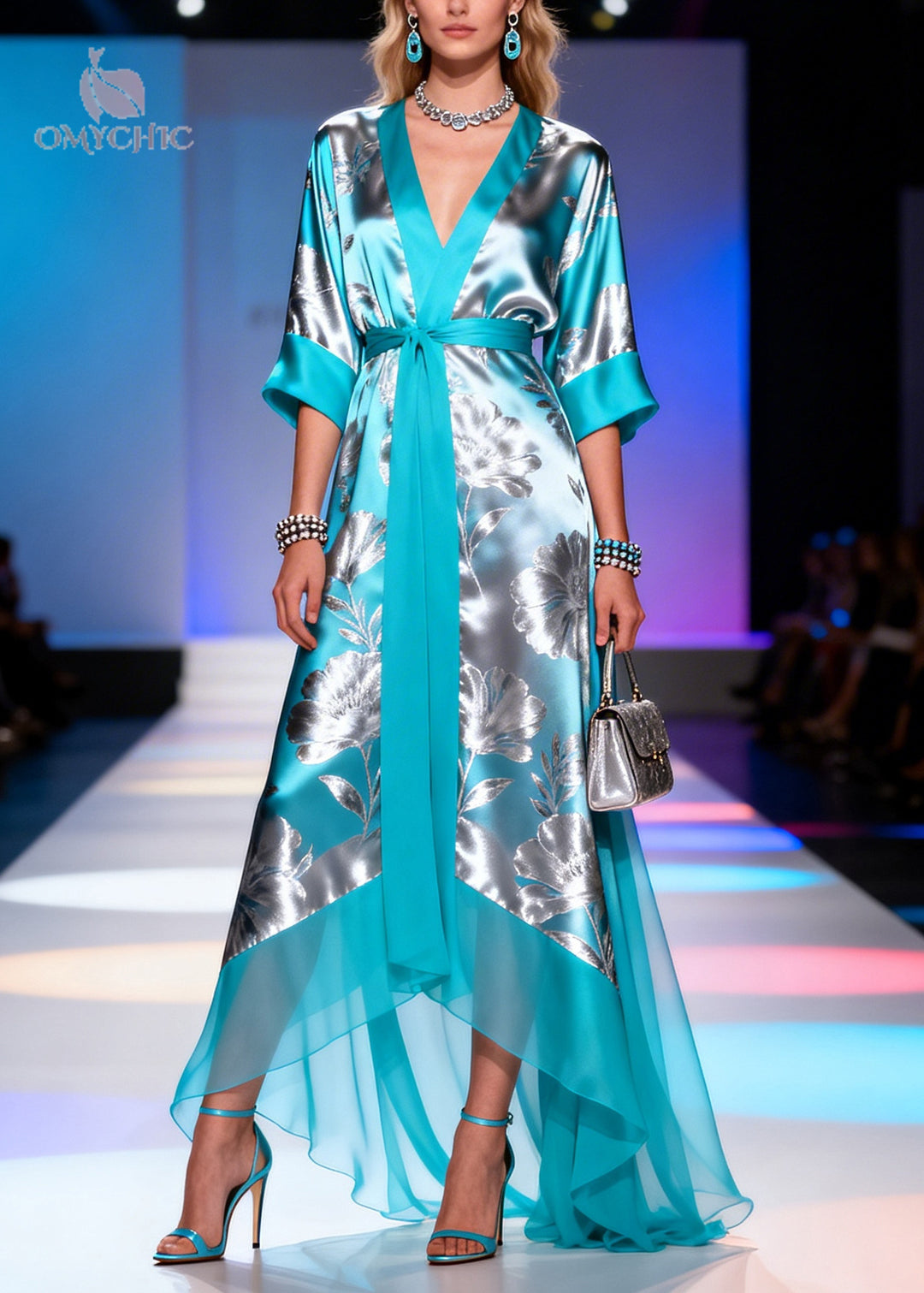 Modern Blue Jacquard Patchwork Exra Large Hem Silk Holiday Dress Summer