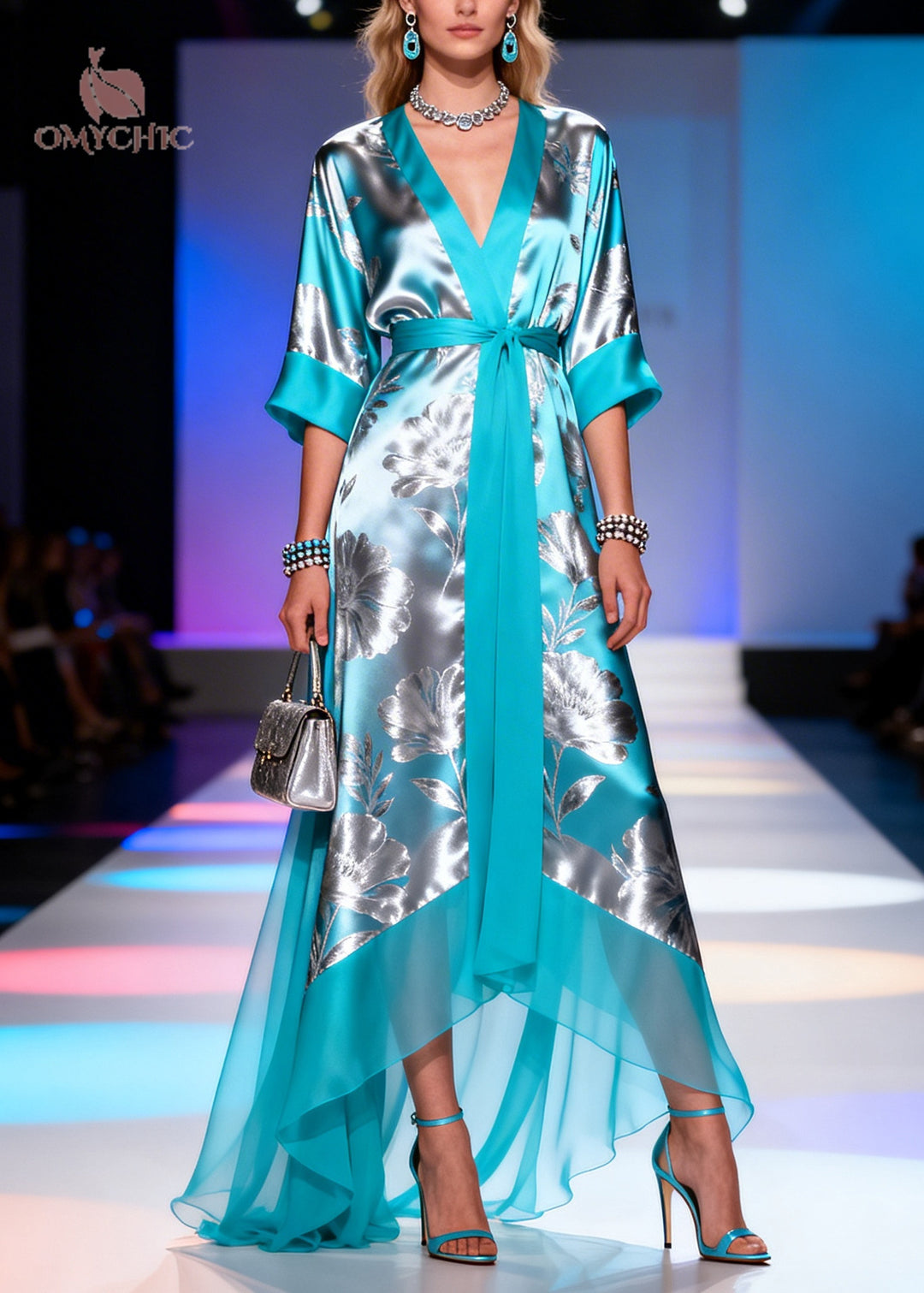 Modern Blue Jacquard Patchwork Exra Large Hem Silk Holiday Dress Summer