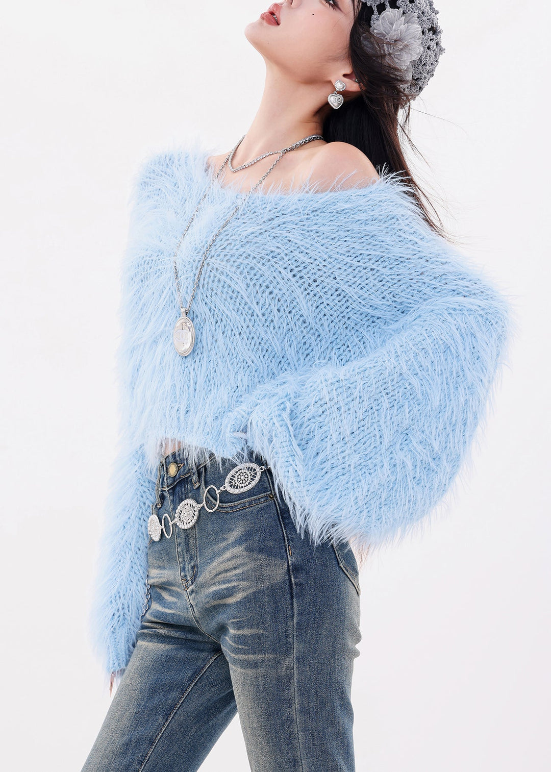 Modern Blue O-Neck Cozy Cotton Knit Sweaters Batwing Sleeve