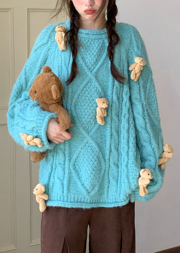 Modern Blue O-Neck Little Bear Thick Cotton Knit Sweaters Fall