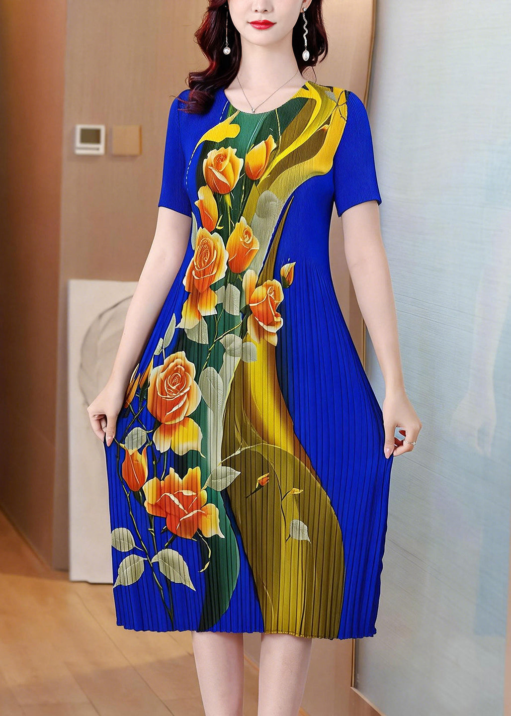 Modern Blue O-Neck Print Maxi Dress Short Sleeve