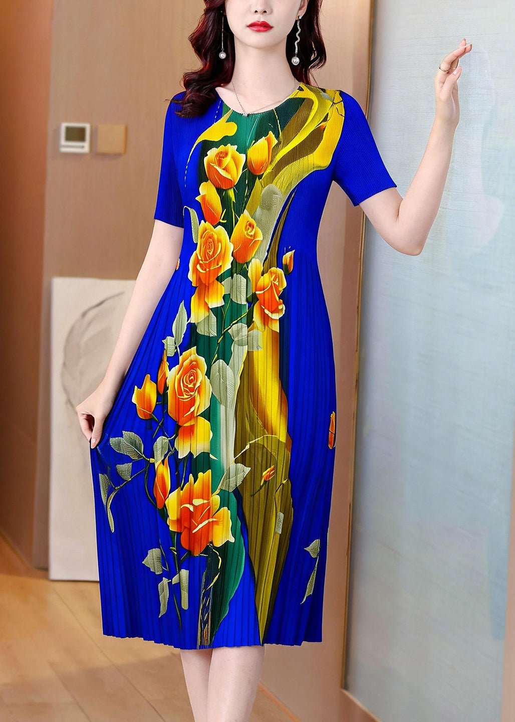 Modern Blue O-Neck Print Maxi Dress Short Sleeve