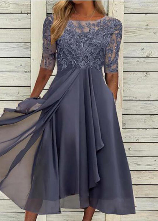 Modern Blue O Neck Ruffled Lace Patchwork Chiffon Dress Summer