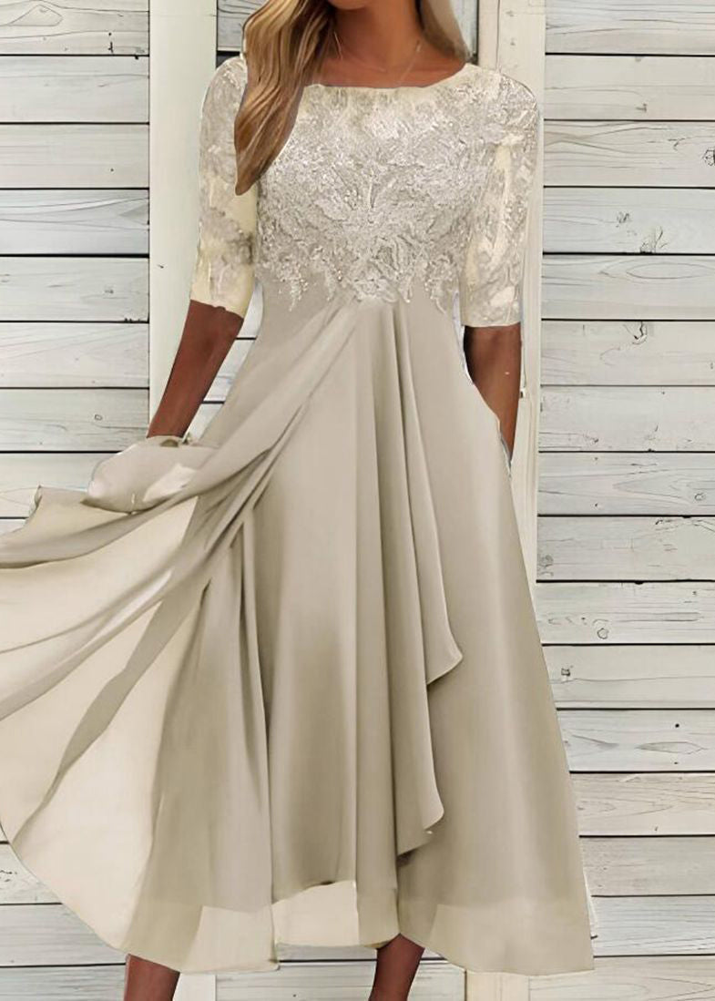 Modern Blue O Neck Ruffled Lace Patchwork Chiffon Dress Summer