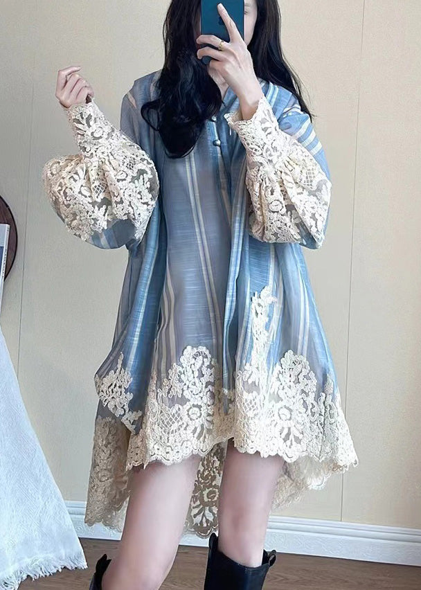 Modern Blue Oversized Patchwork Shirt Dress Lantern Sleeve