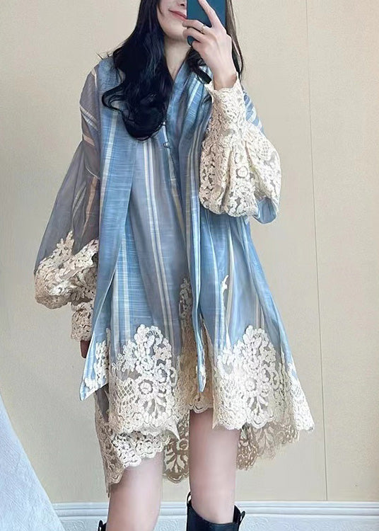 Modern Blue Oversized Patchwork Shirt Dress Lantern Sleeve