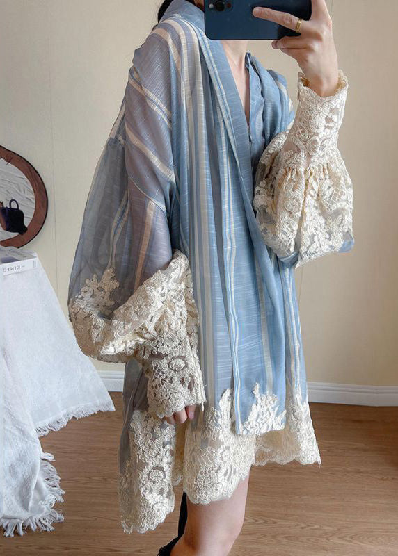 Modern Blue Oversized Patchwork Shirt Dress Lantern Sleeve