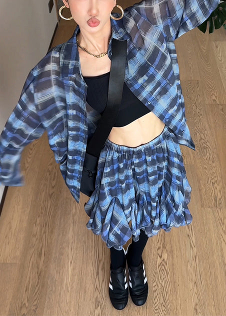 Modern Blue Oversized Plaid Chiffon Two Piece Set Outfits Summer