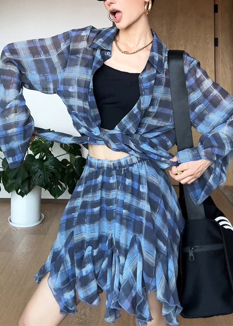 Modern Blue Oversized Plaid Chiffon Two Piece Set Outfits Summer
