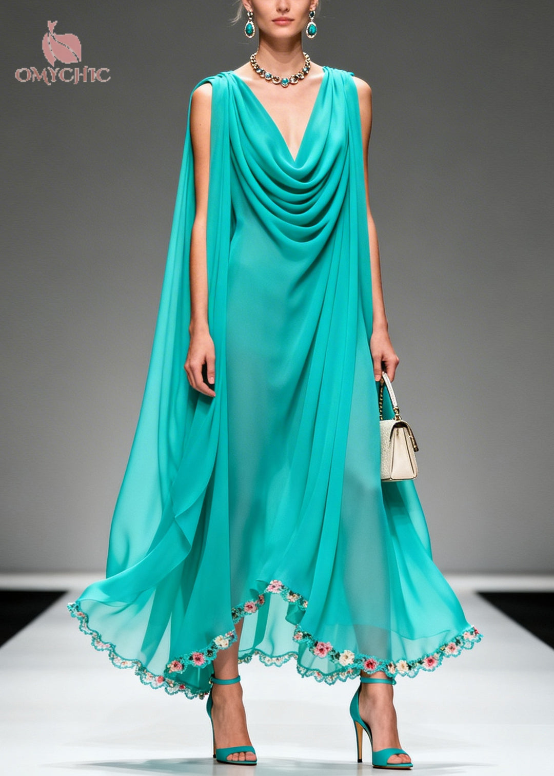 Modern Blue Oversized Wrinkled Flower Chiffon Long Dress Summer