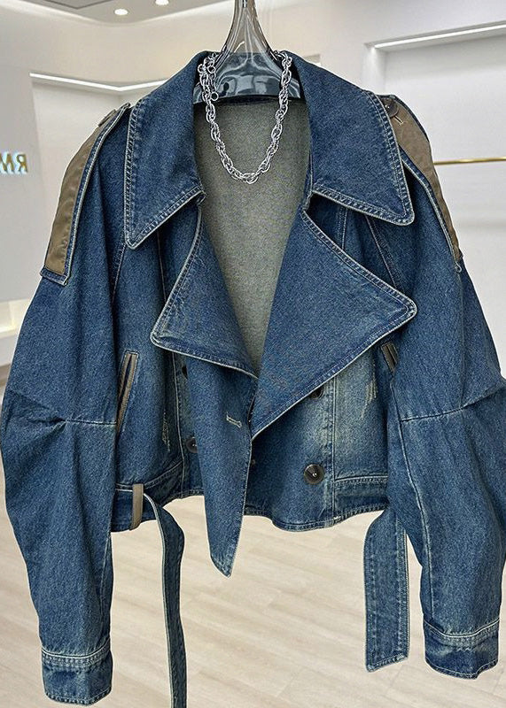 Modern Blue Peter Pan Collar Pockets Patchwork Denim Coat Fall