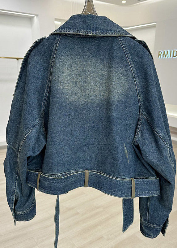 Modern Blue Peter Pan Collar Pockets Patchwork Denim Coat Fall