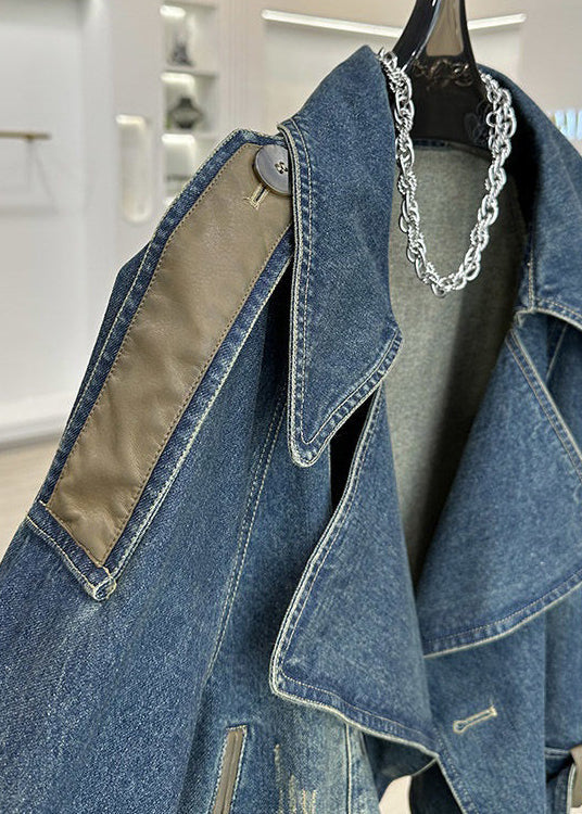 Modern Blue Peter Pan Collar Pockets Patchwork Denim Coat Fall