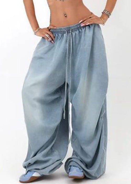 Modern Blue Pockets Elastic Waist Denim Wide Leg Pants Summer