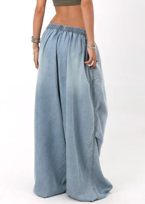 Modern Blue Pockets Elastic Waist Denim Wide Leg Pants Summer