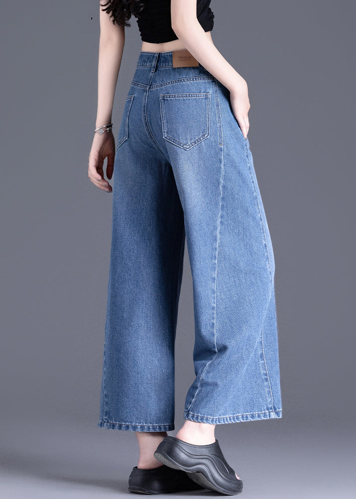Modern Blue Pockets High Waist Denim Crop Pants Spring