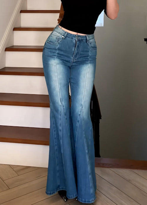 Modern Blue Pockets High Waist Denim Flare Bottoms Fall