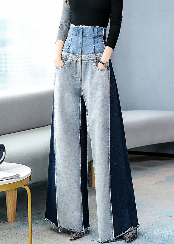 Modern Blue Pockets High Waist Patchwork Denim Pants Spring