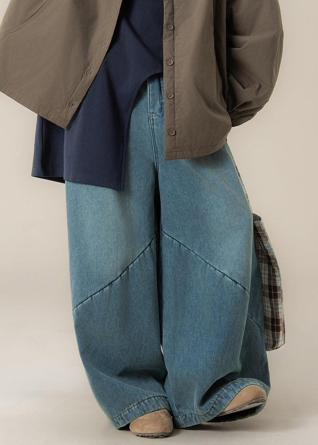 Modern Blue Pockets High Waist Patchwork Denim Wide Leg Pants