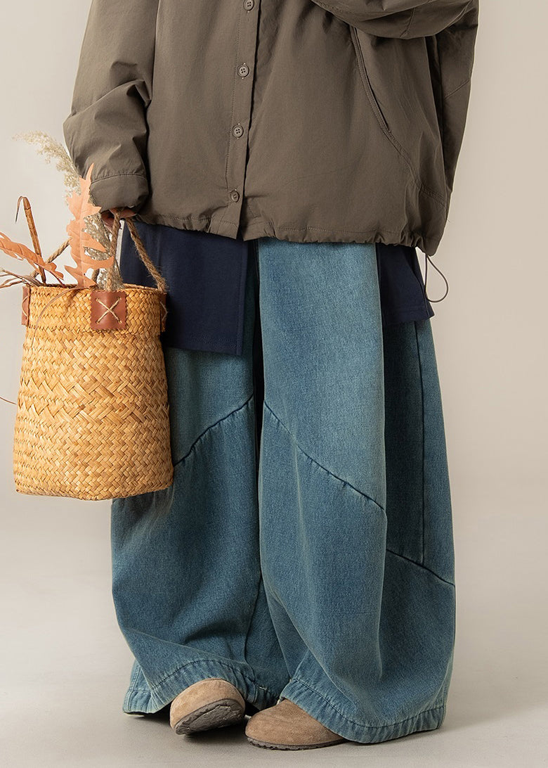 Modern Blue Pockets High Waist Patchwork Denim Wide Leg Pants