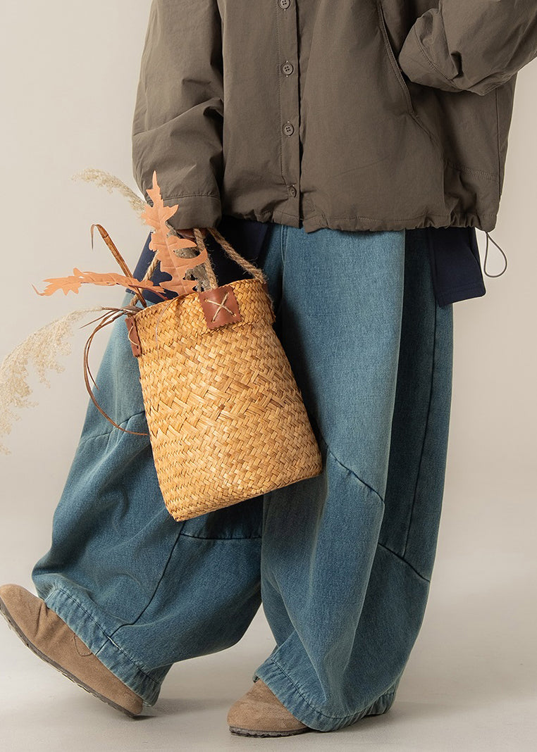 Modern Blue Pockets High Waist Patchwork Denim Wide Leg Pants