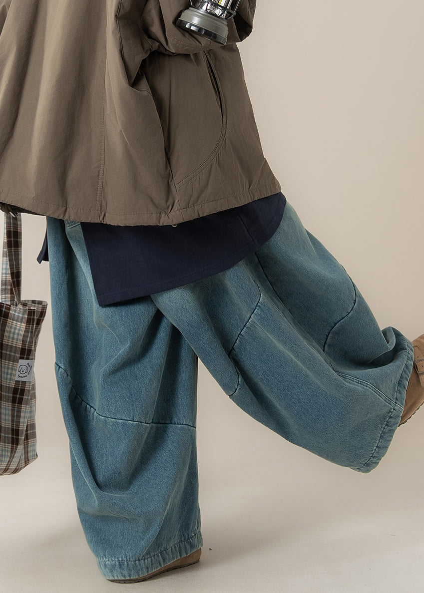 Modern Blue Pockets High Waist Patchwork Denim Wide Leg Pants