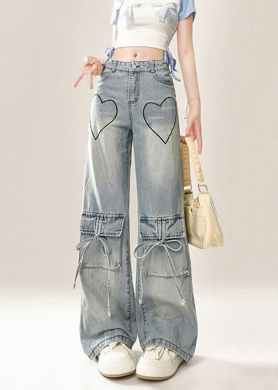 Modern Blue Pockets Lace Up High Waist Denim Pants Fall