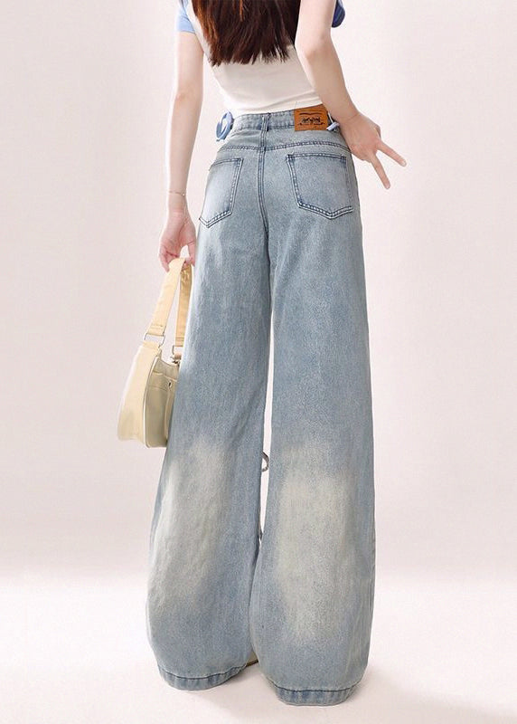 Modern Blue Pockets Lace Up High Waist Denim Pants Fall