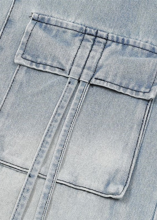 Modern Blue Pockets Lace Up High Waist Denim Pants Fall