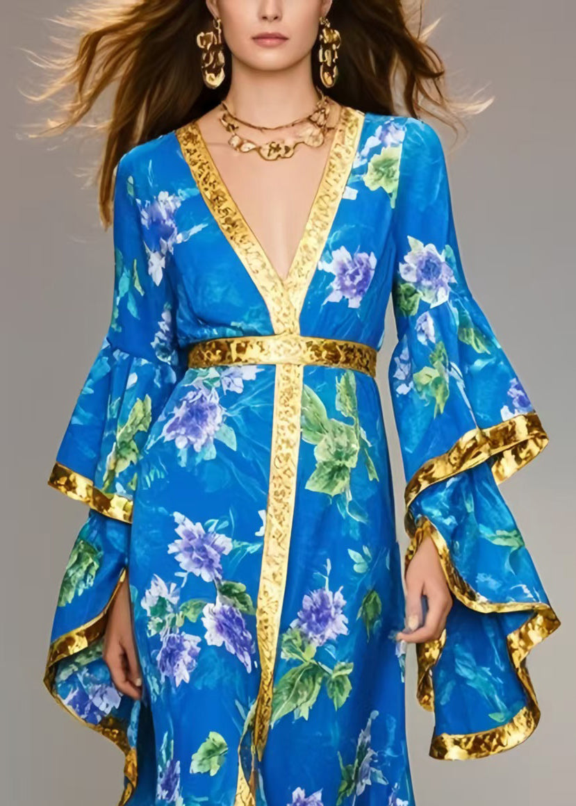 Modern Blue Print Chiffon Vacation Dress Flare Sleeve