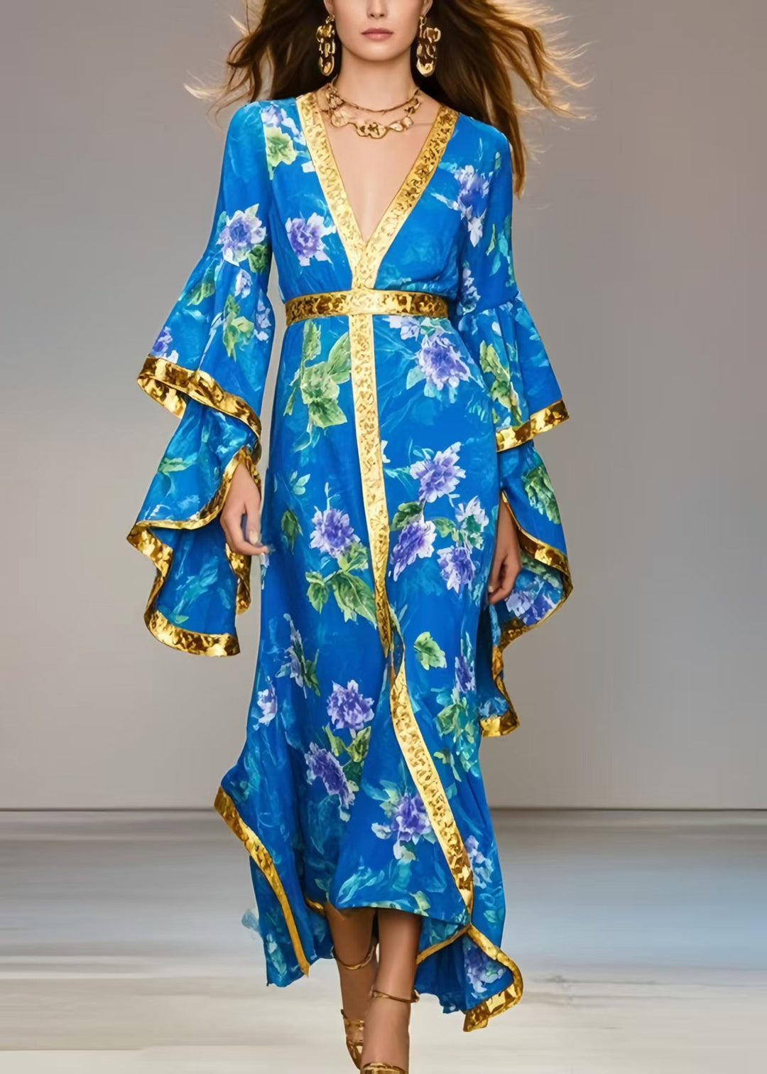Modern Blue Print Chiffon Vacation Dress Flare Sleeve