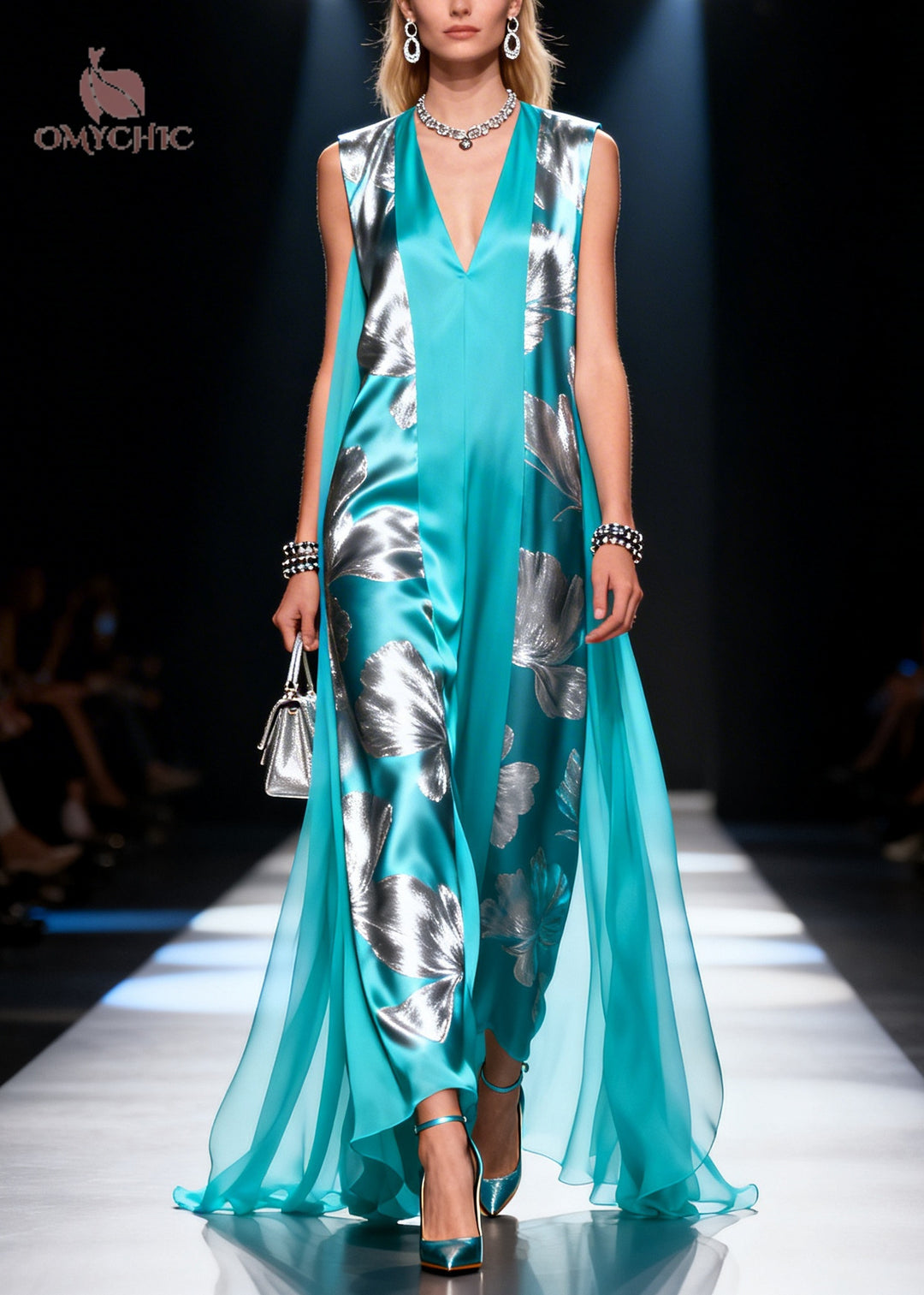 Modern Blue Print Tulle Patchwork Silk Maxi Dress Sleeveless