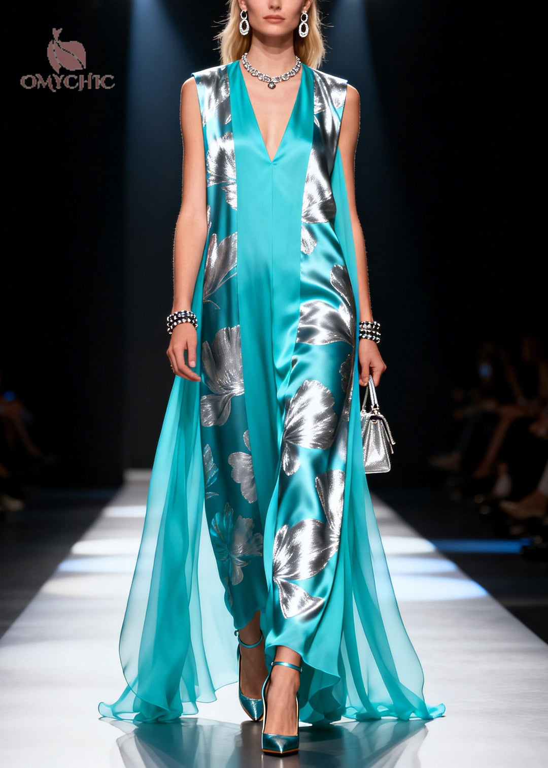 Modern Blue Print Tulle Patchwork Silk Maxi Dress Sleeveless