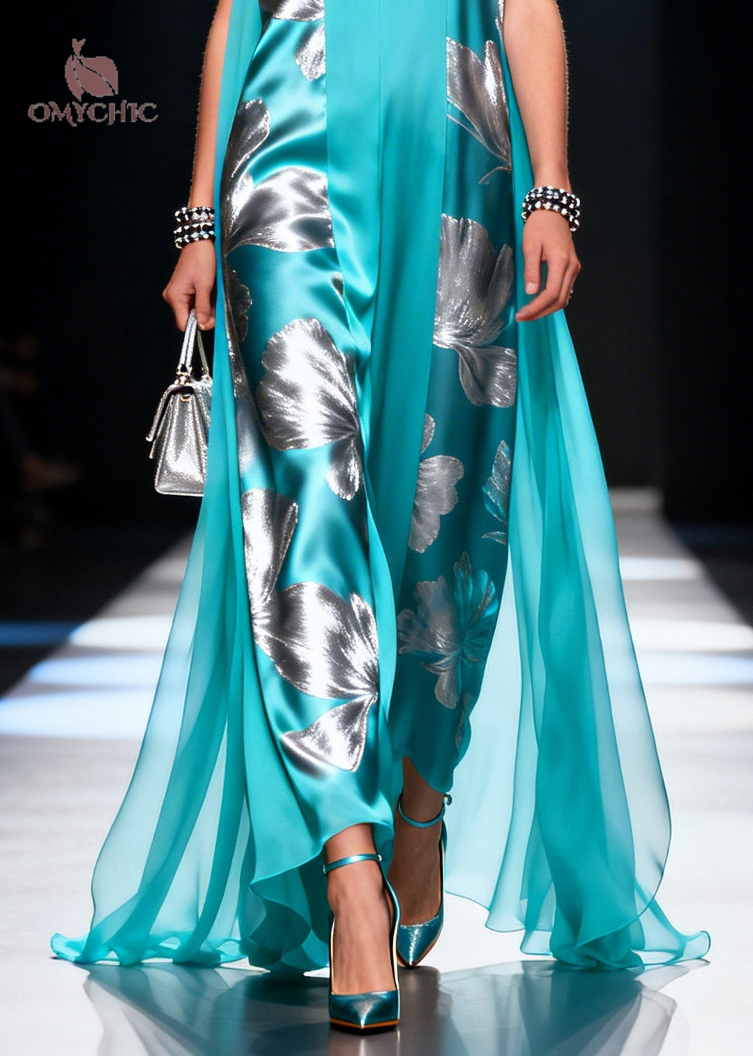 Modern Blue Print Tulle Patchwork Silk Maxi Dress Sleeveless