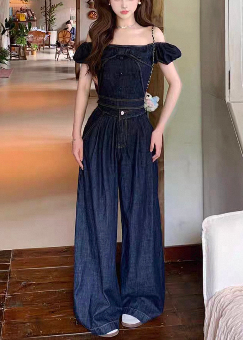 Modern Blue Slash Neck Bow Tops And Wide Leg Pants Denim Two Pieces Set Summer