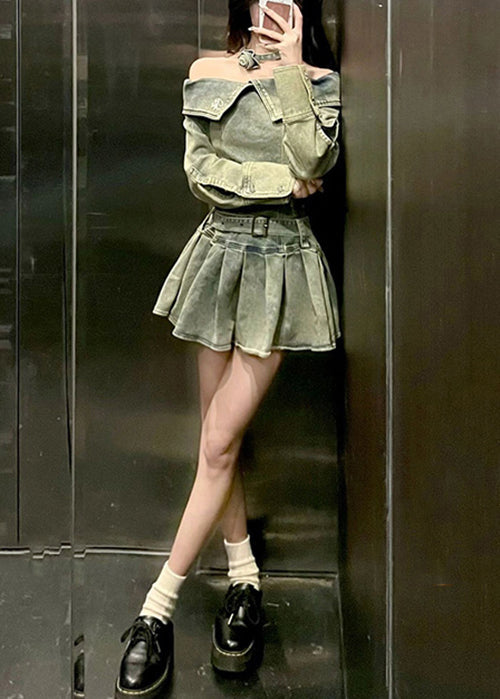 Modern Blue Slash Neck Wrinkled Denim Mini Dresses Spring