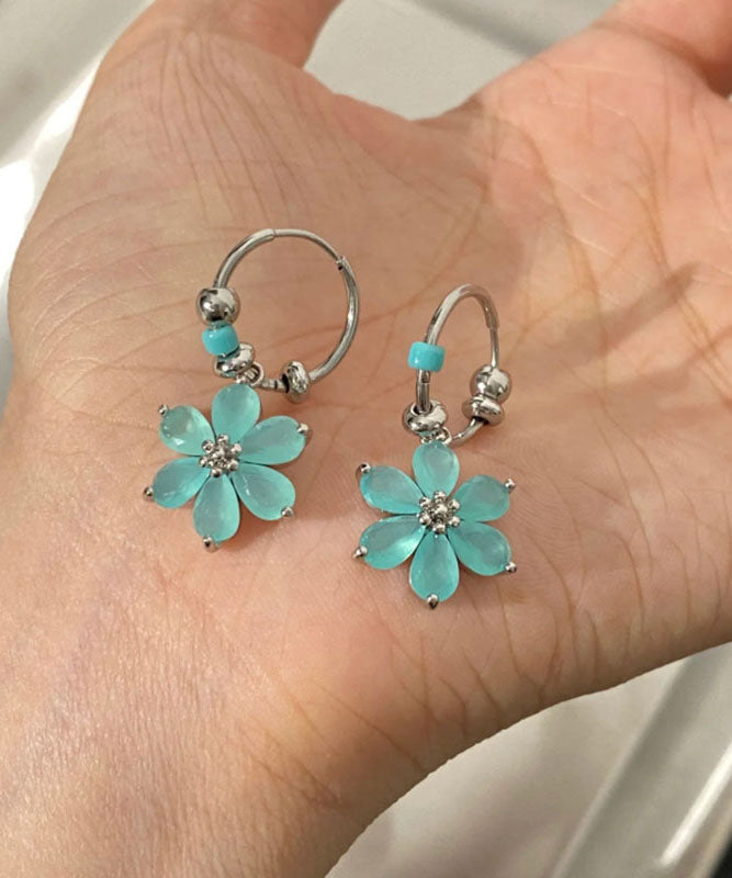 Modern Blue Stainless Steel Floral Hoop Earrings
