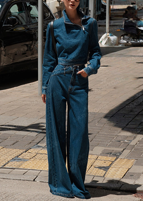Modern Blue Stand Collar Zippered Pockets Denim Two Pieces Set Fall