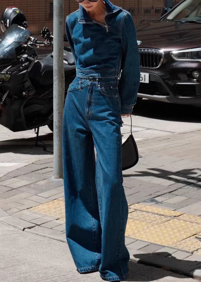 Modern Blue Stand Collar Zippered Pockets Denim Two Pieces Set Fall