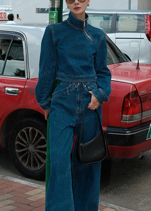 Modern Blue Stand Collar Zippered Pockets Denim Two Pieces Set Fall