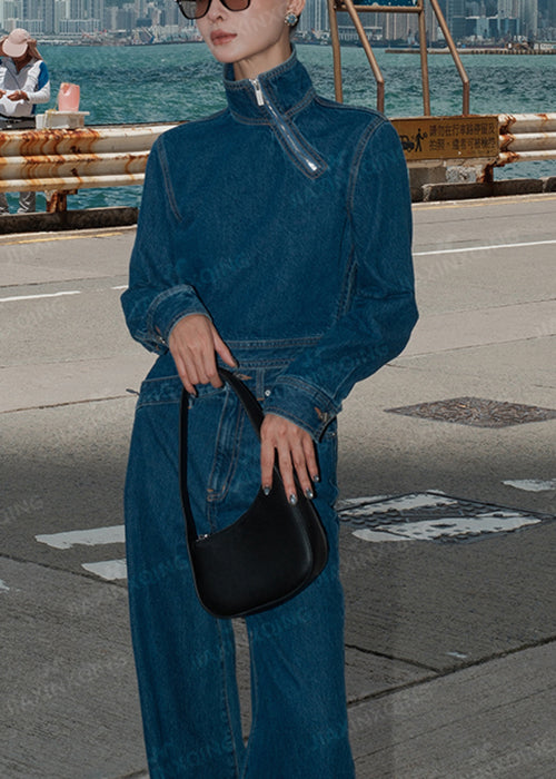 Modern Blue Stand Collar Zippered Pockets Denim Two Pieces Set Fall