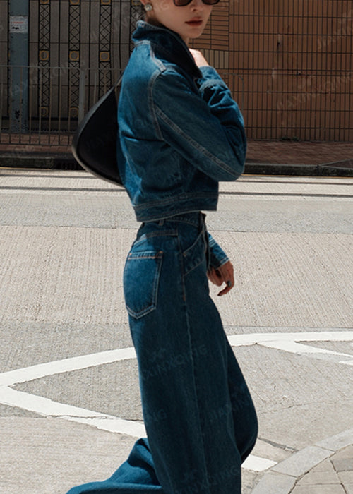 Modern Blue Stand Collar Zippered Pockets Denim Two Pieces Set Fall
