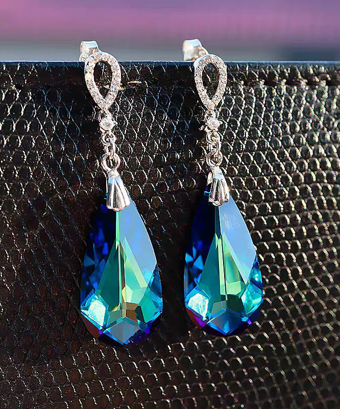 Modern Blue Sterling Silver Crystal Water Droplet Drop Earrings