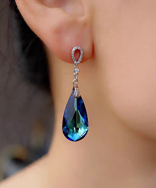 Modern Blue Sterling Silver Crystal Water Droplet Drop Earrings
