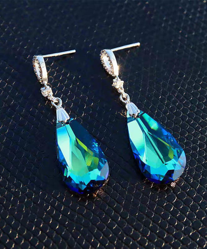 Modern Blue Sterling Silver Crystal Water Droplet Drop Earrings