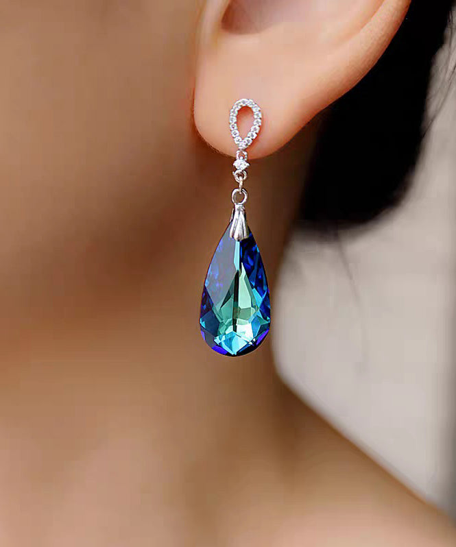 Modern Blue Sterling Silver Crystal Water Droplet Drop Earrings