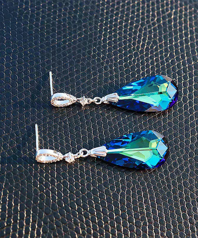 Modern Blue Sterling Silver Crystal Water Droplet Drop Earrings