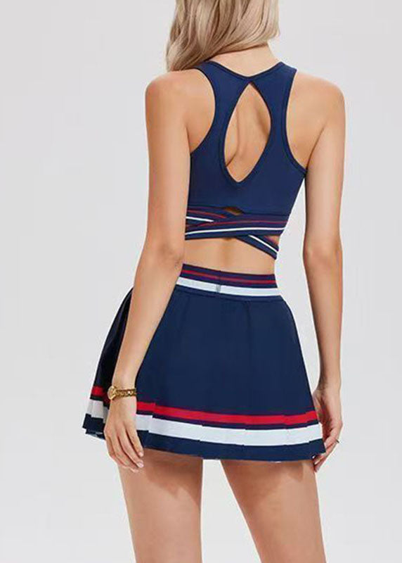 Modern Blue Striped Patchwork Tennis Sportswear Two-Piece Set Sleeveless