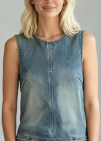 Modern Blue Tie Waist Denim Day Mini Dress Sleeveless